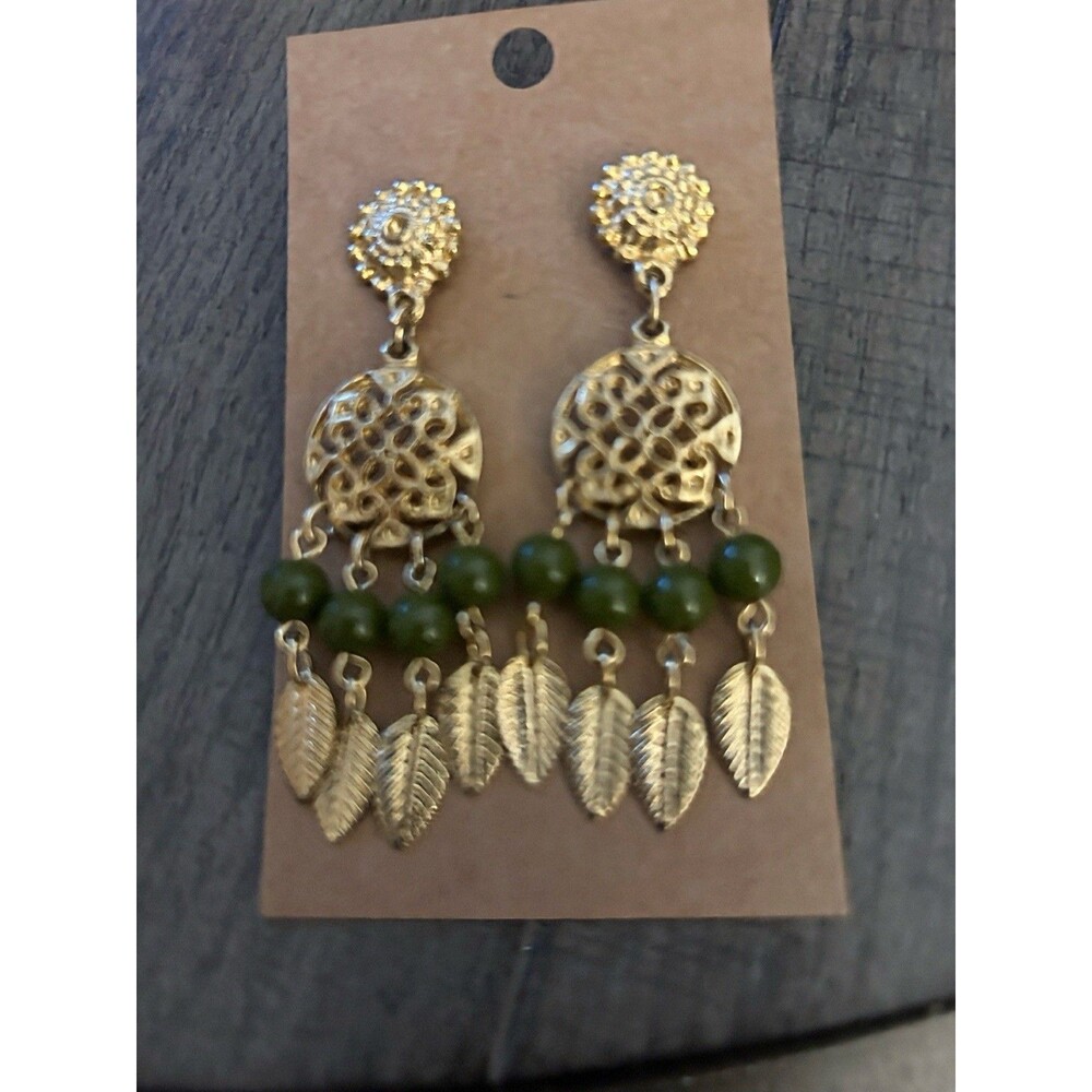 Gold Tone Dangle Earrings With Green Beads 2 Inches Long